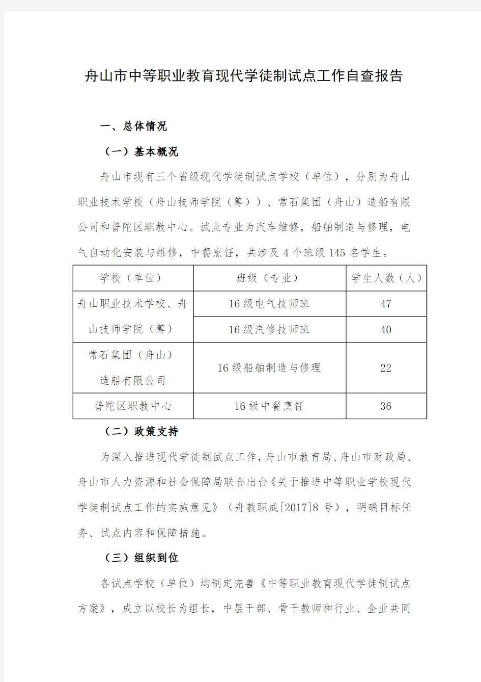 舟山市中等职业教育现代学徒制试点工作自查报告