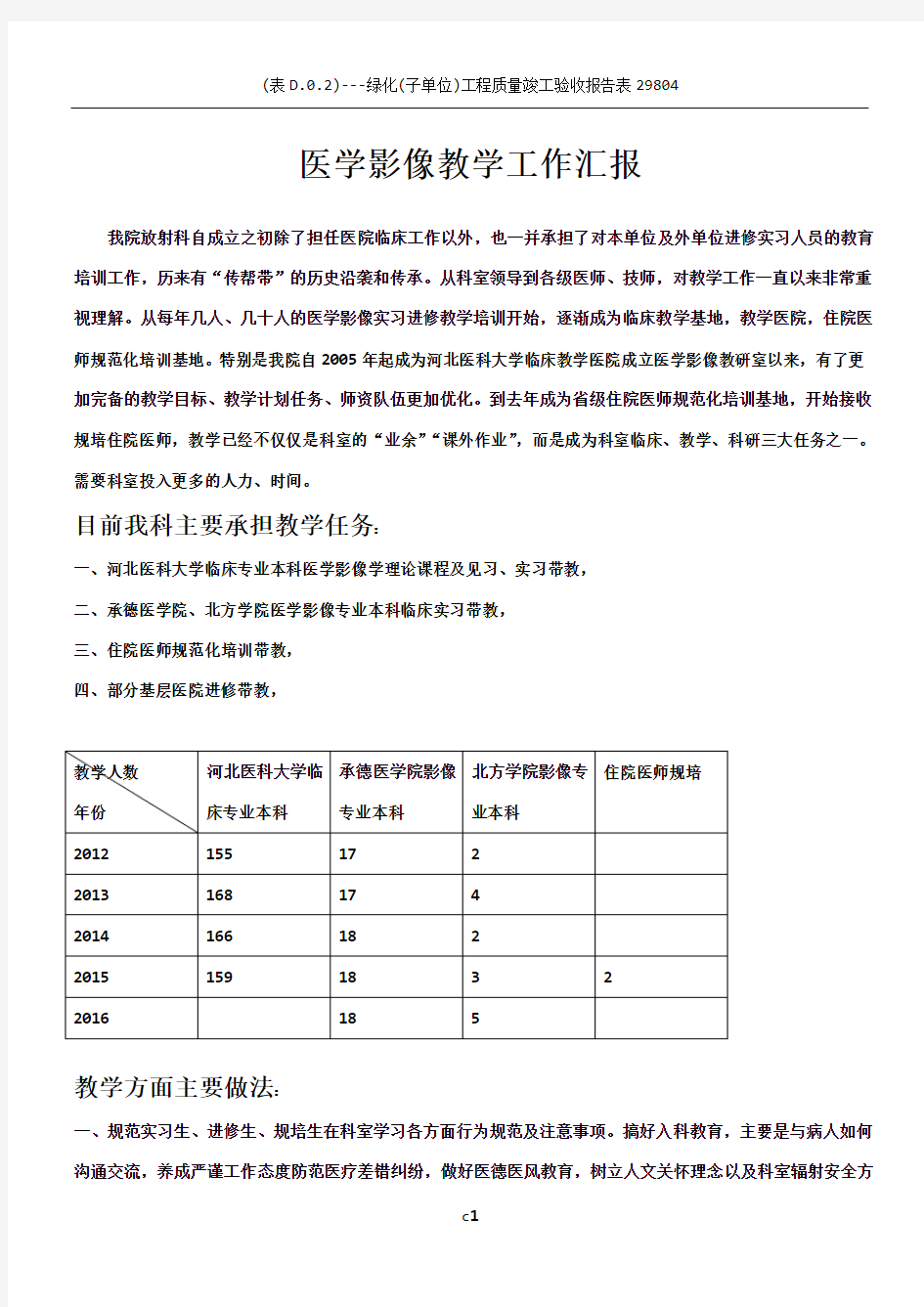 医学影像教学工作总结汇报