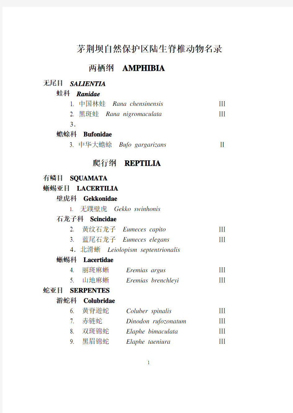 陆生脊椎动物名录资料