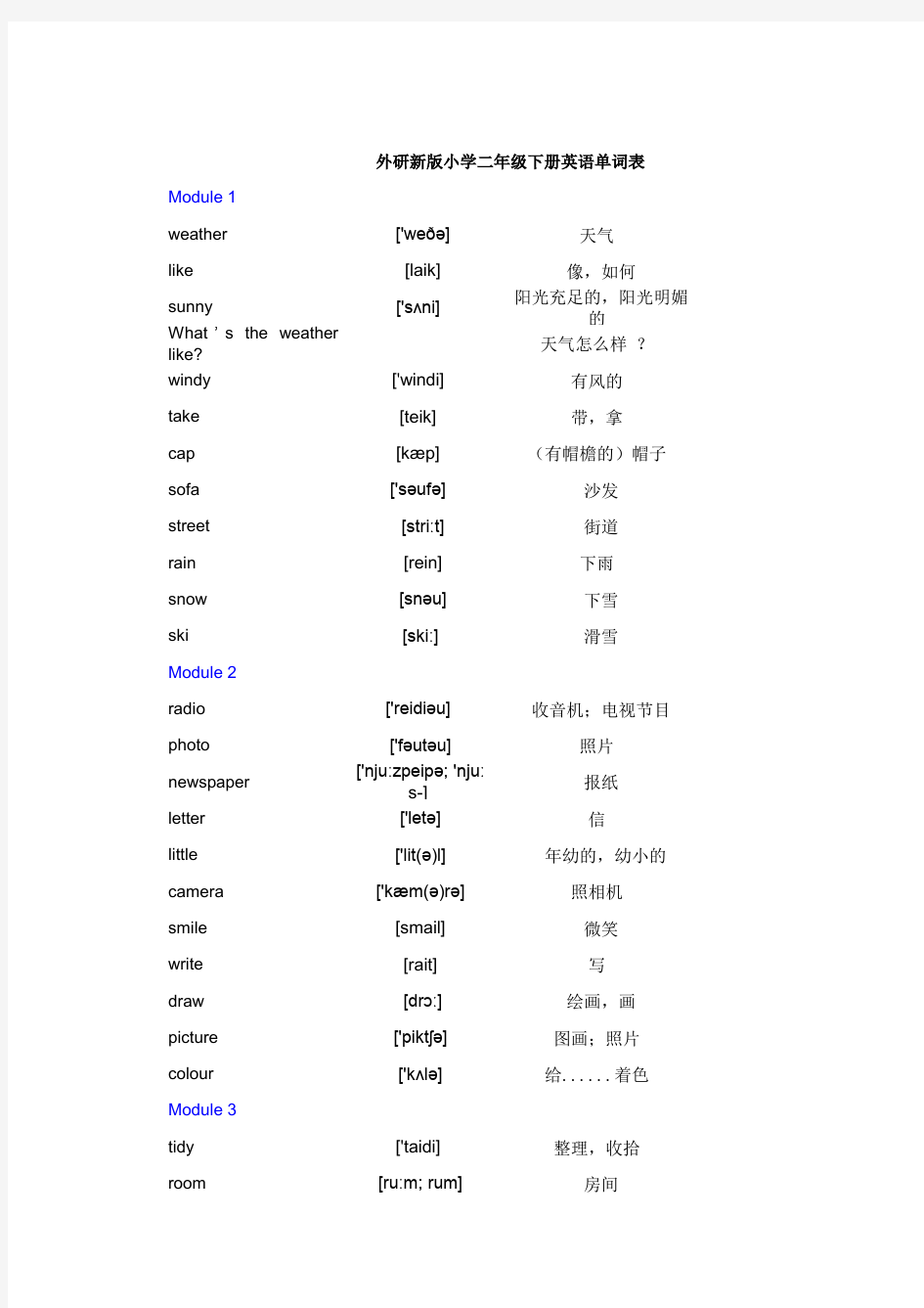 外研新版小学二年级下册英语单词表(含音标,打印版)