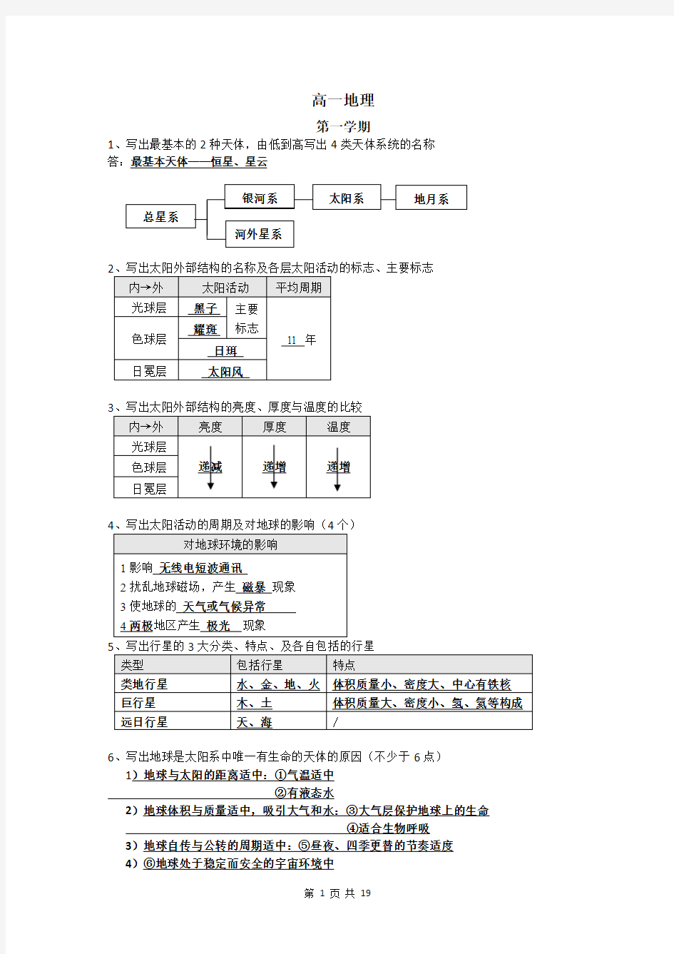 高一地理知识梳理