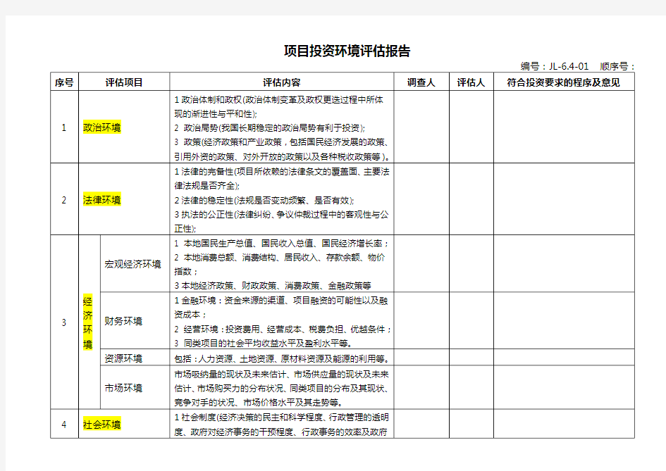 项目投资环境评估内容及报告