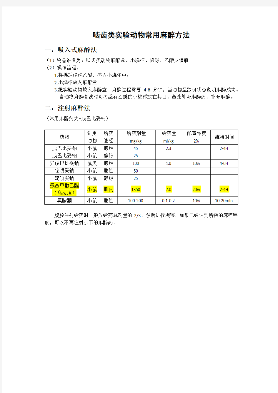 实验动物麻醉方法