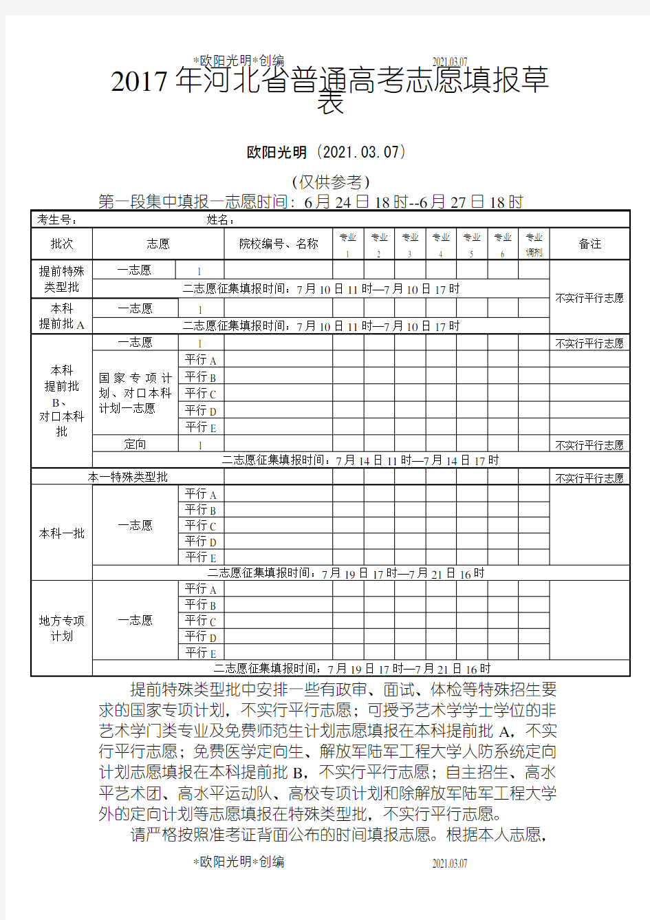 2021年高考志愿填报草表