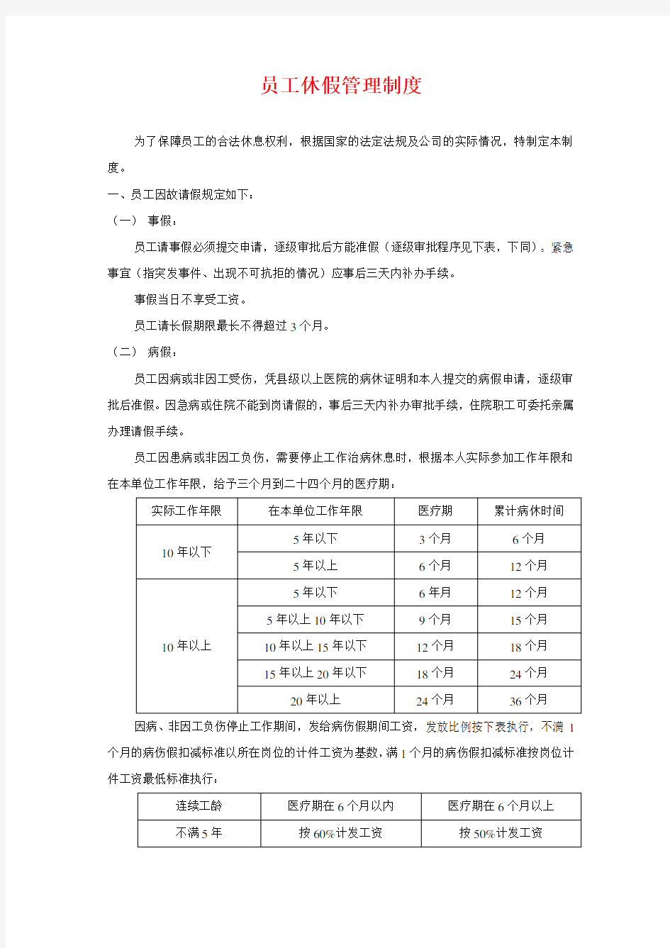 员工休假管理制度范本