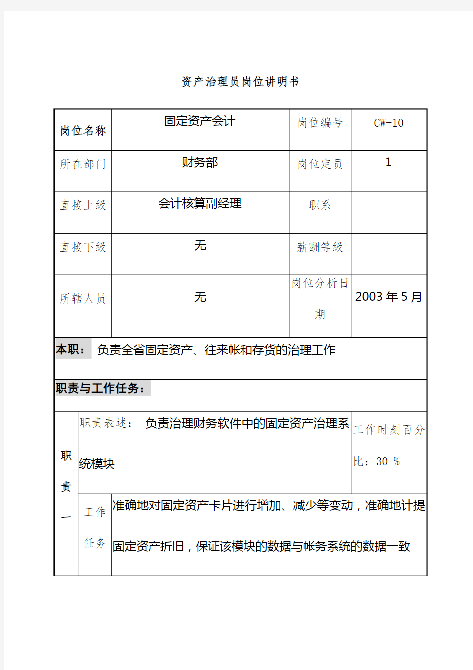 固定资产会计岗位说明书