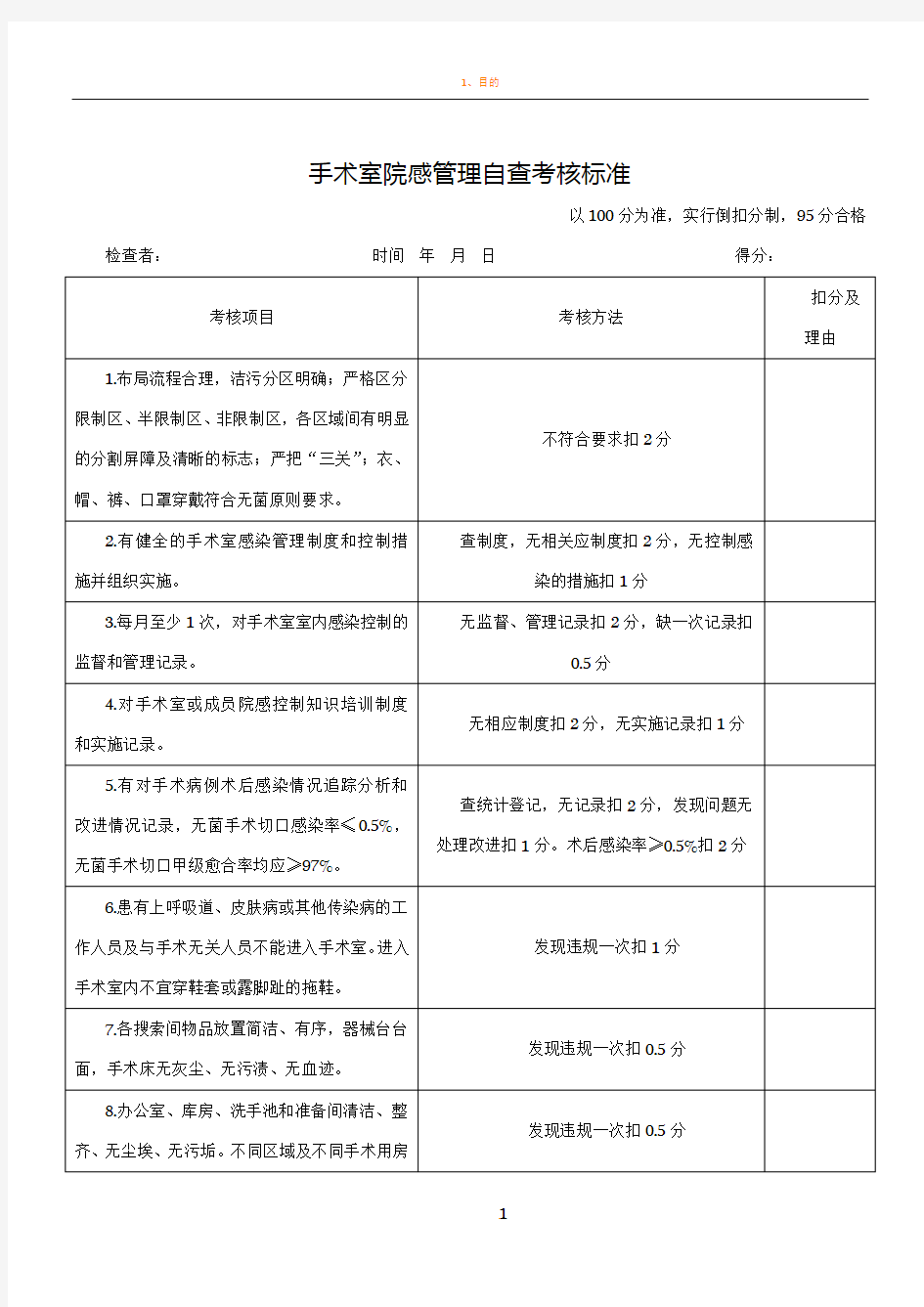 手术室院感管理自查考核标准