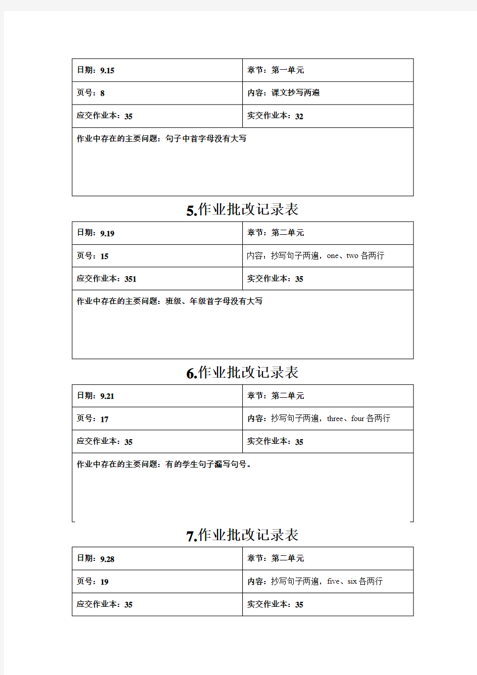 四年级英语作业批改记录()