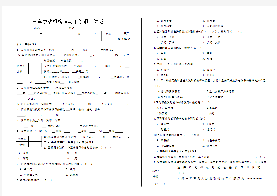 汽车发动机构造与维修试题及答案