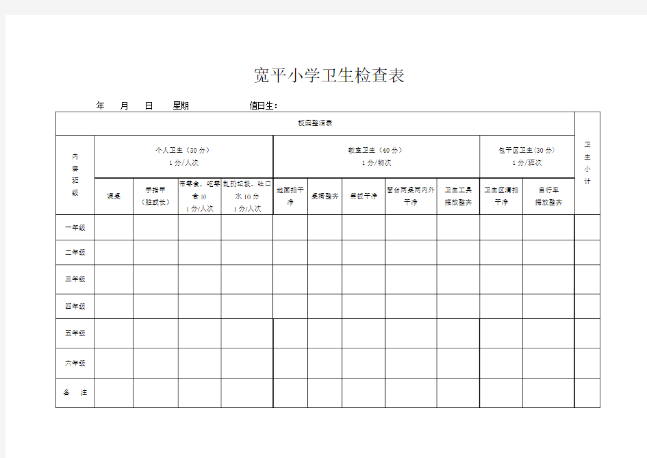 小学纪律卫生检查表