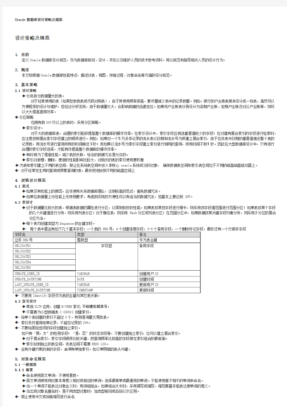 Oracle数据库设计策略及规范