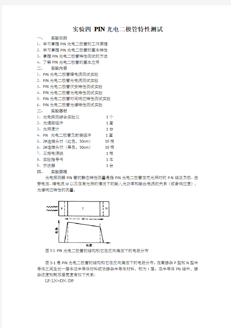 实验四 PIN光电二极管特性测试