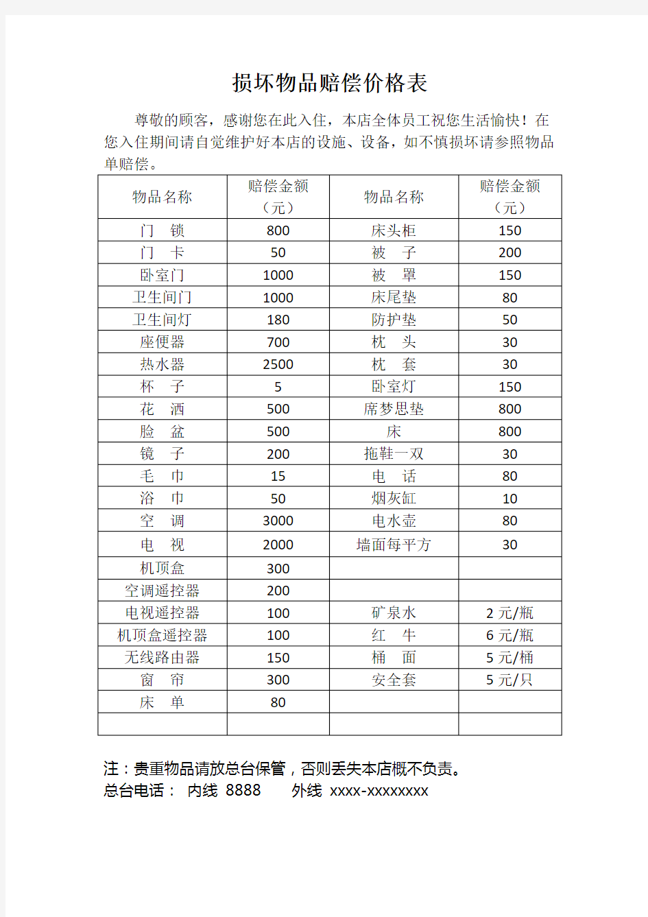 宾馆损坏物品赔偿价格表