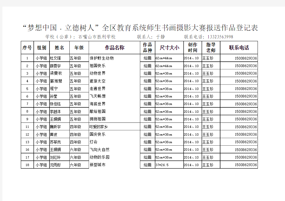 美术作品报送登记表及标签