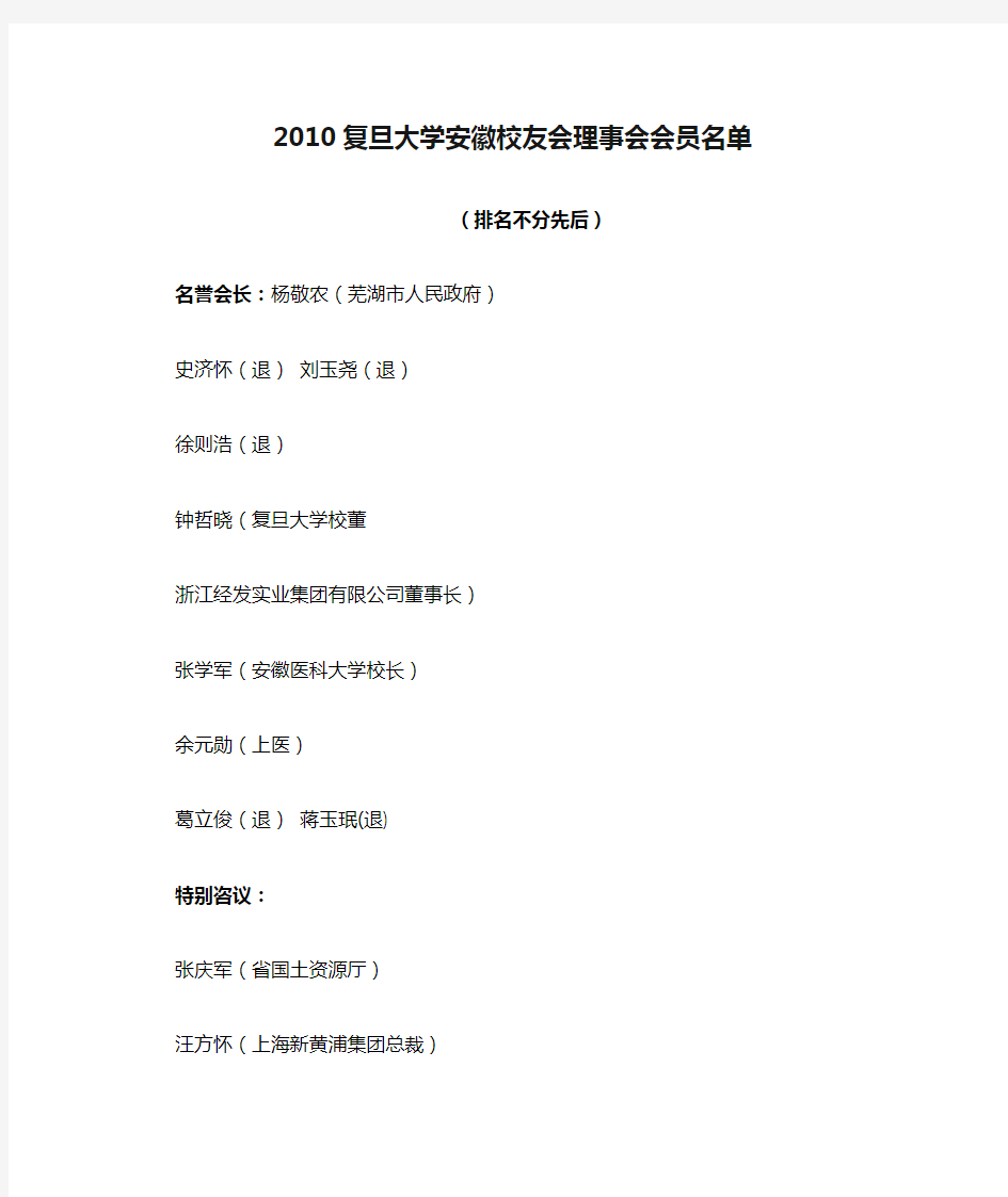 2010复旦大学安徽校友会理事会会员名单