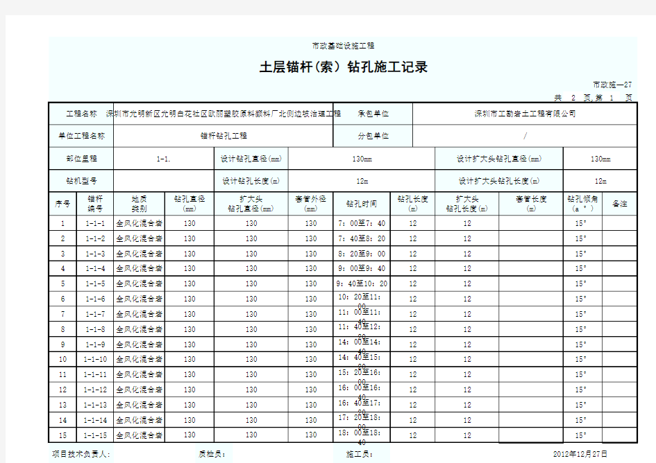 1-1土层锚杆钻孔施工记录