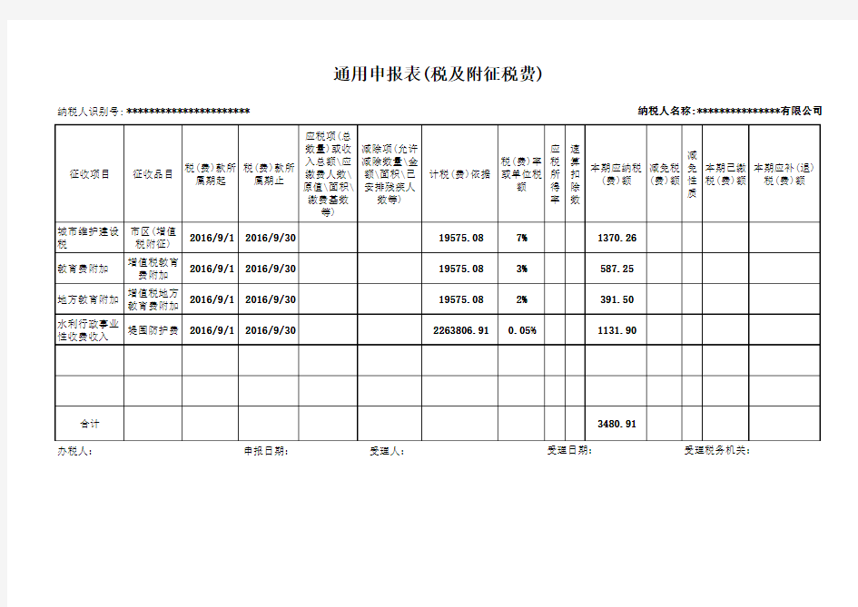 2016年地税  通用申报表(税及附征税费) 填写模板