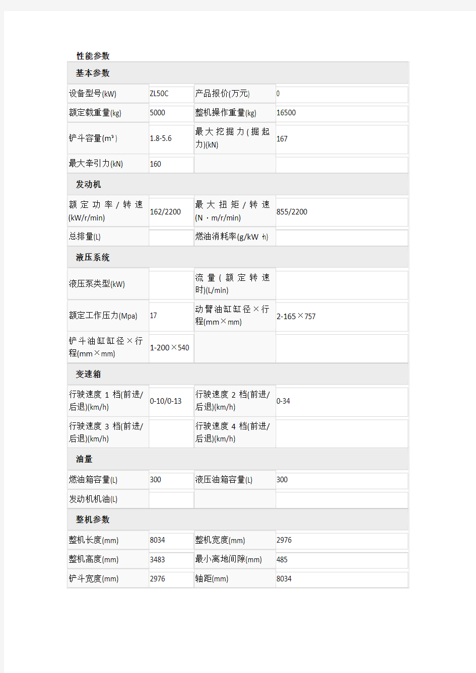 ZL50C装载机参数