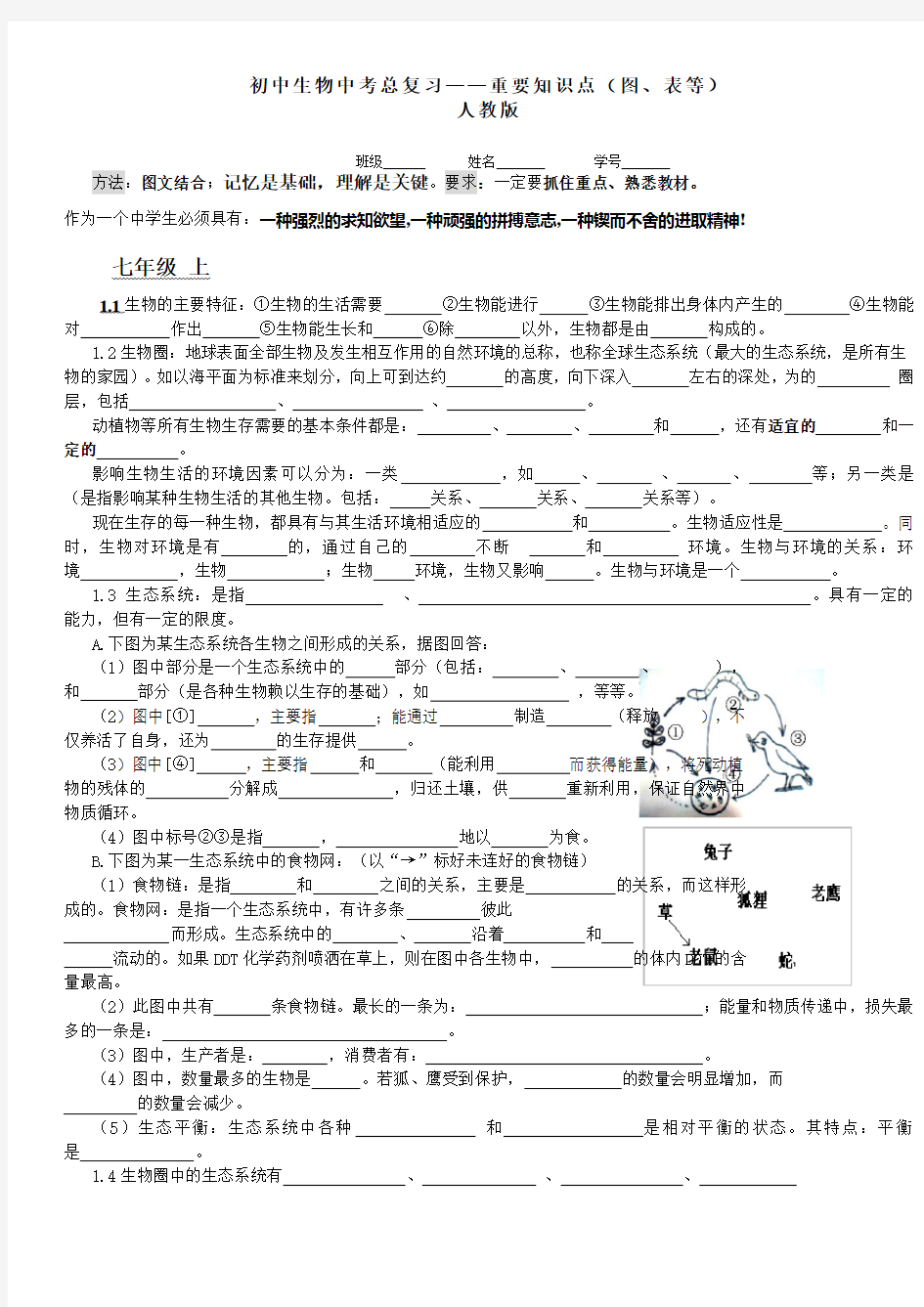 初中生物中考总复习——重要知识点(图、表等)