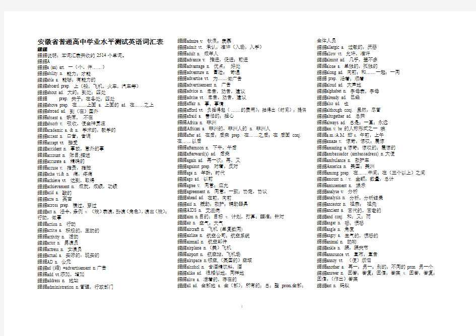 安徽省普通高中学业水平测试英语词汇表