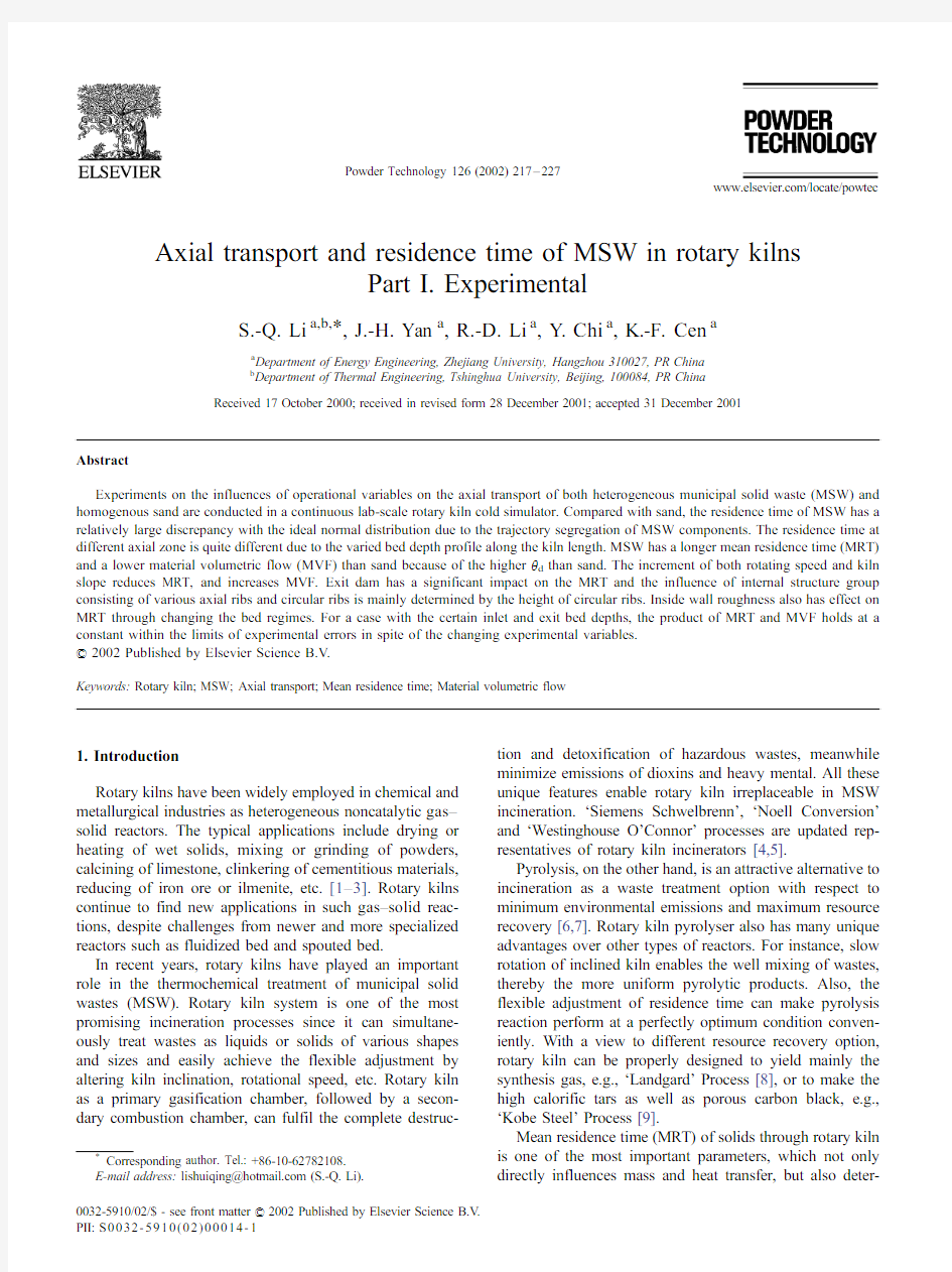 Axial transport and residence time of MSW in rotary kilns Part I. Experimental