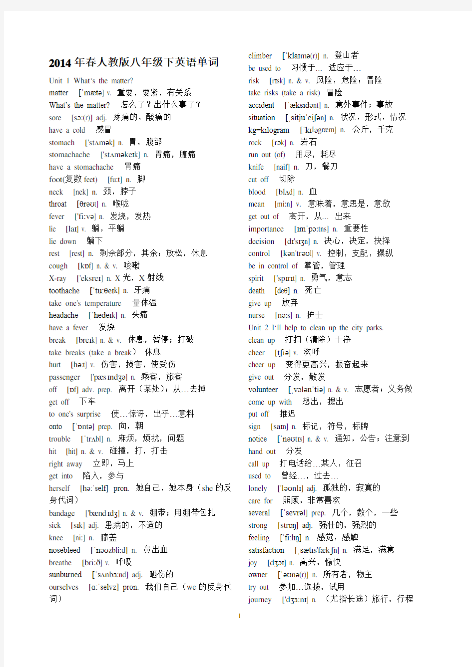 2014年春新人教版八年级英语下册单词表(含音标)