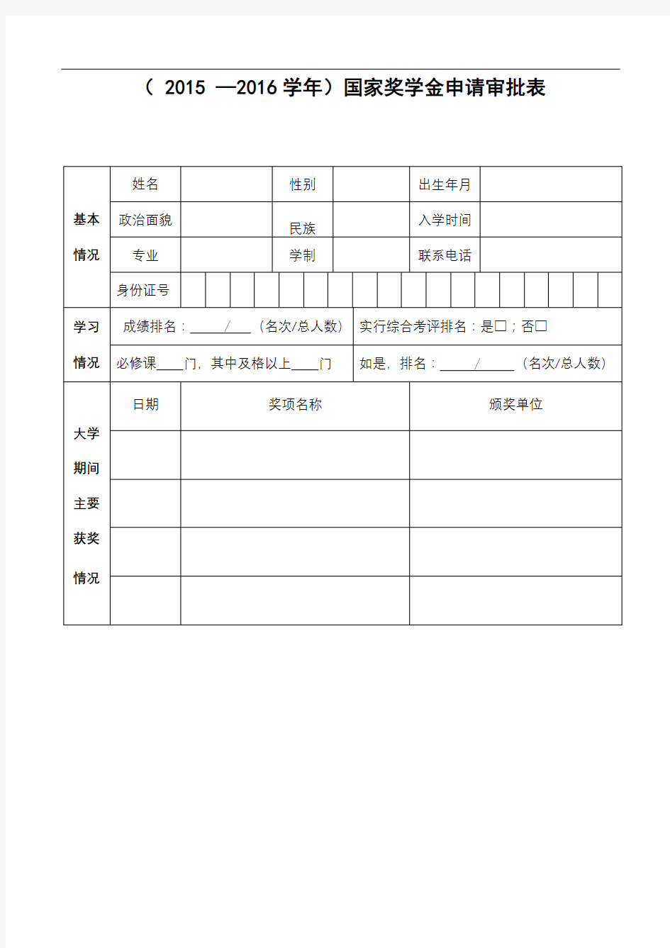 (2015—2016学年)国家奖学金申请审批表【模板】