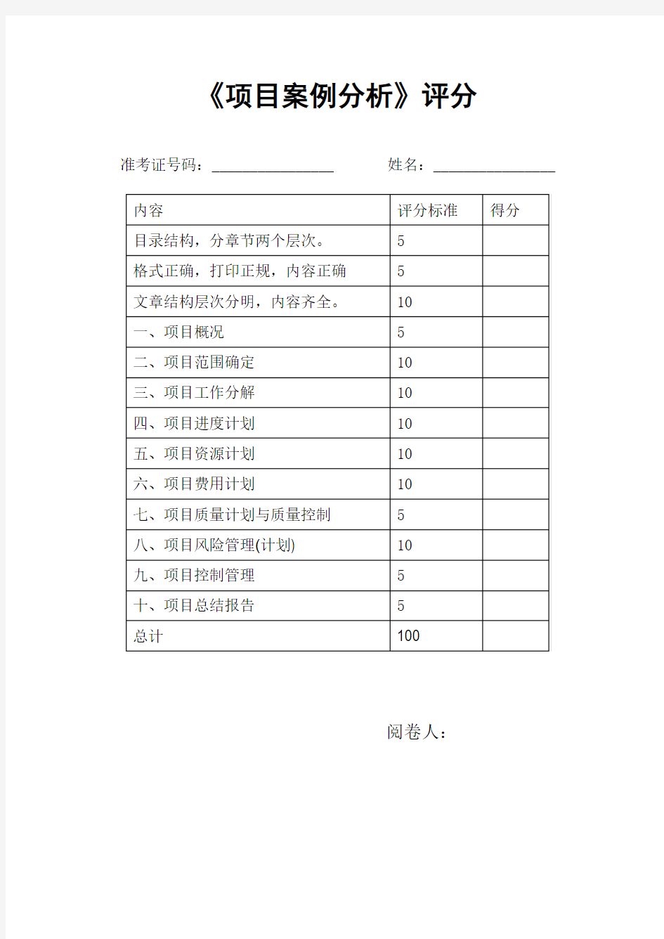 项目案例分析评分标准