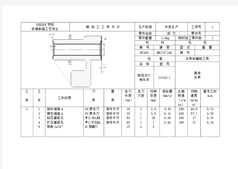 ”拨叉零件的机械加工工艺工序卡片