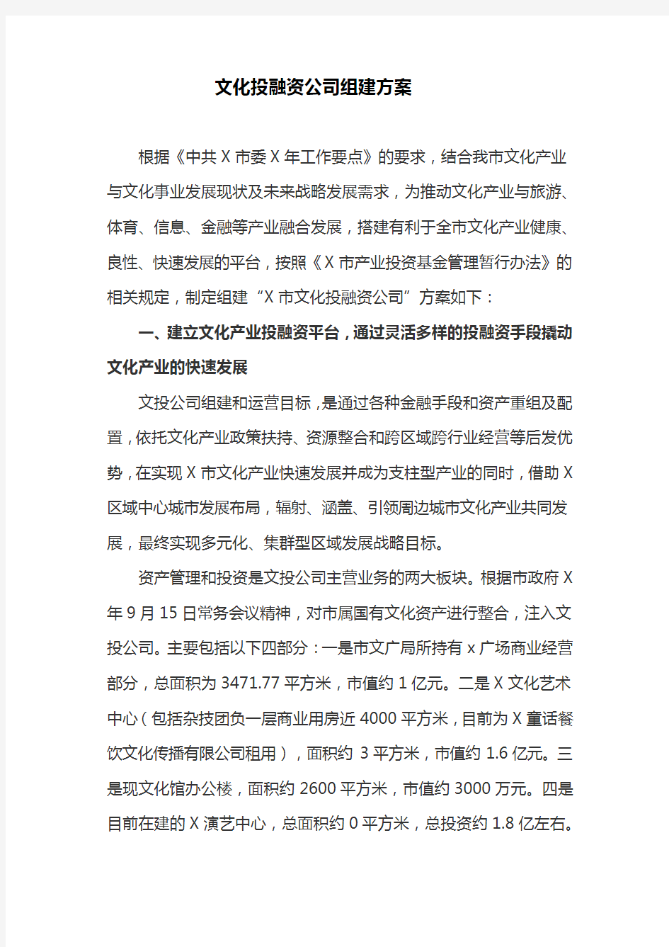 文化投融资公司组建方案(最新)