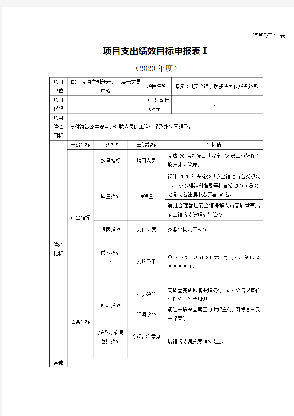 项目支出绩效目标申报表Ⅰ【模板】