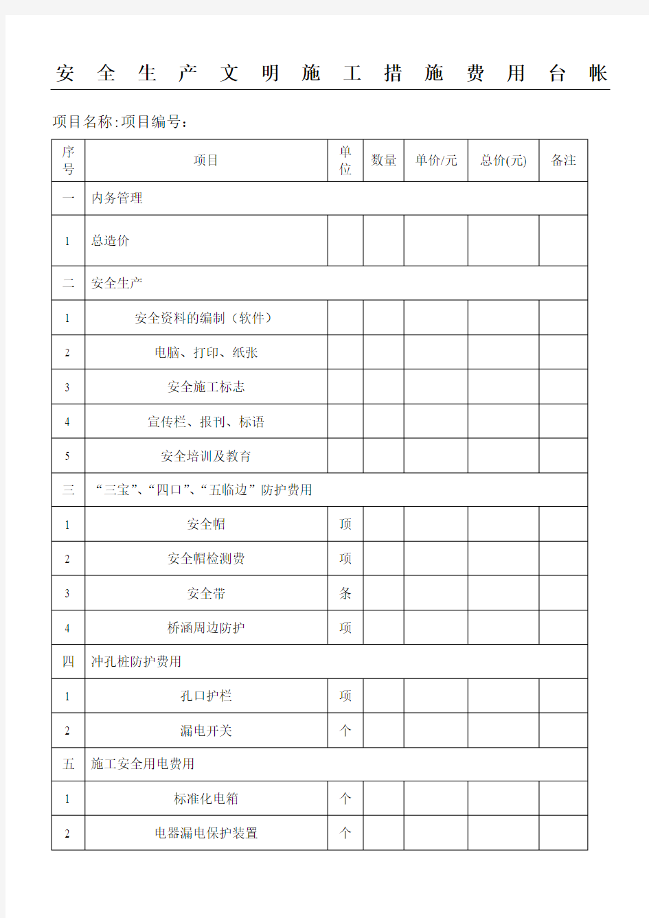 安全文明建筑施工措施费台帐范本