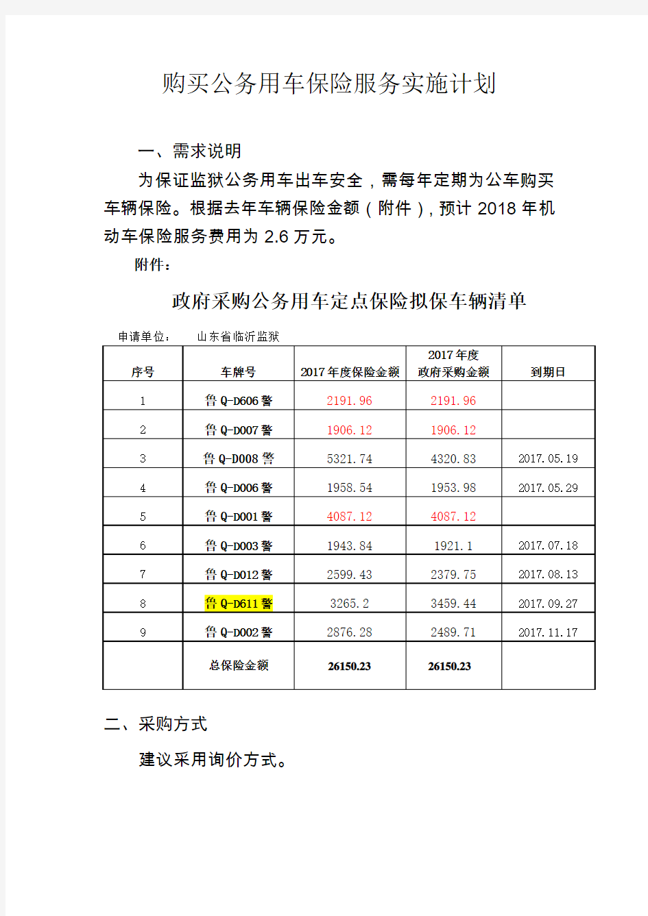 购买公务用车保险服务实施计划