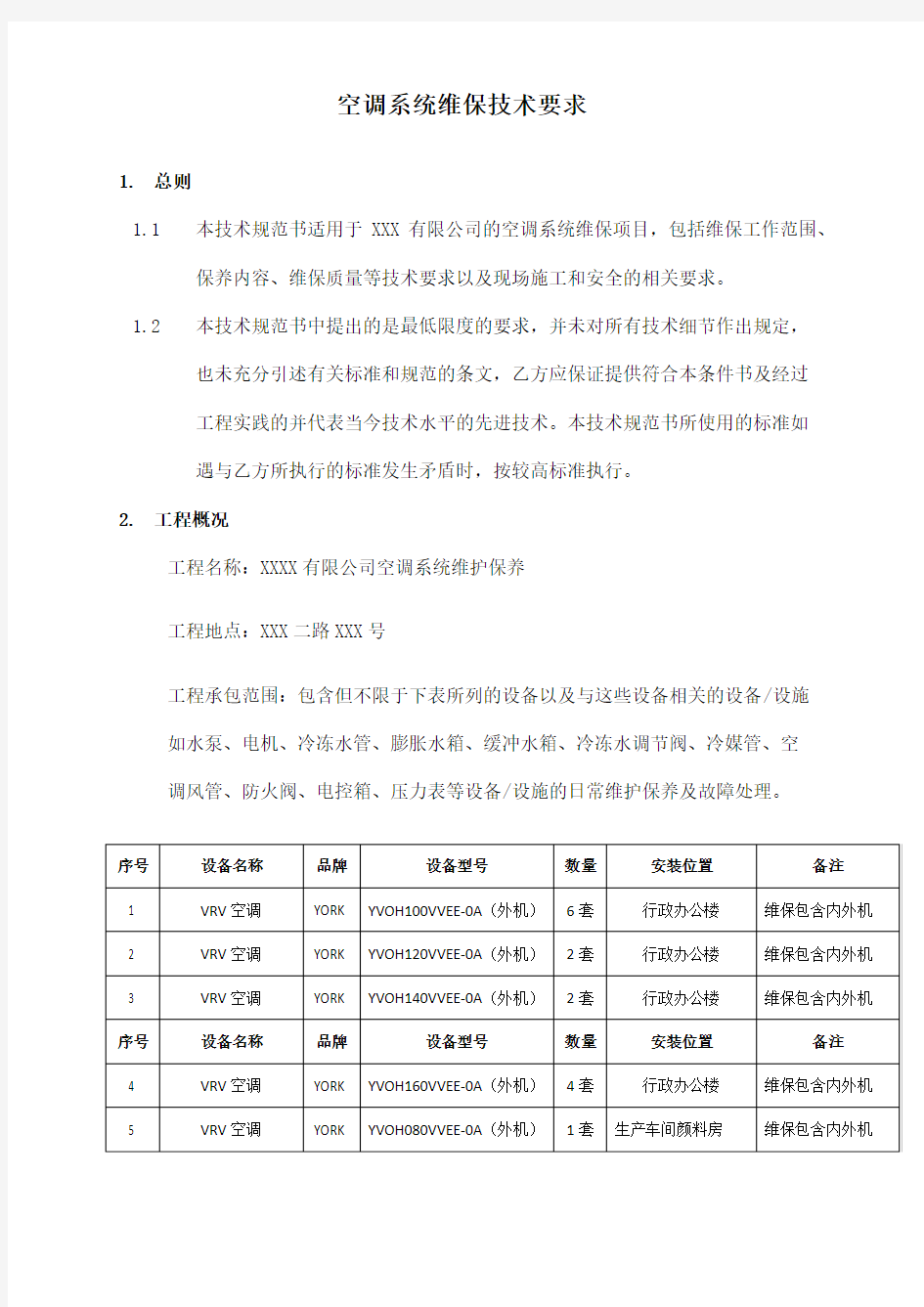 空调系统维保技术要求 模板 