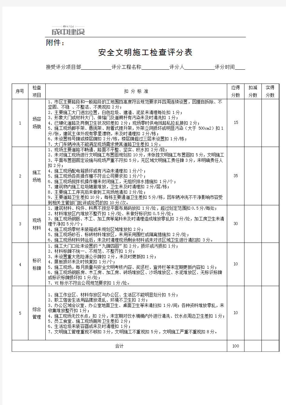 安全文明施工检查评分表