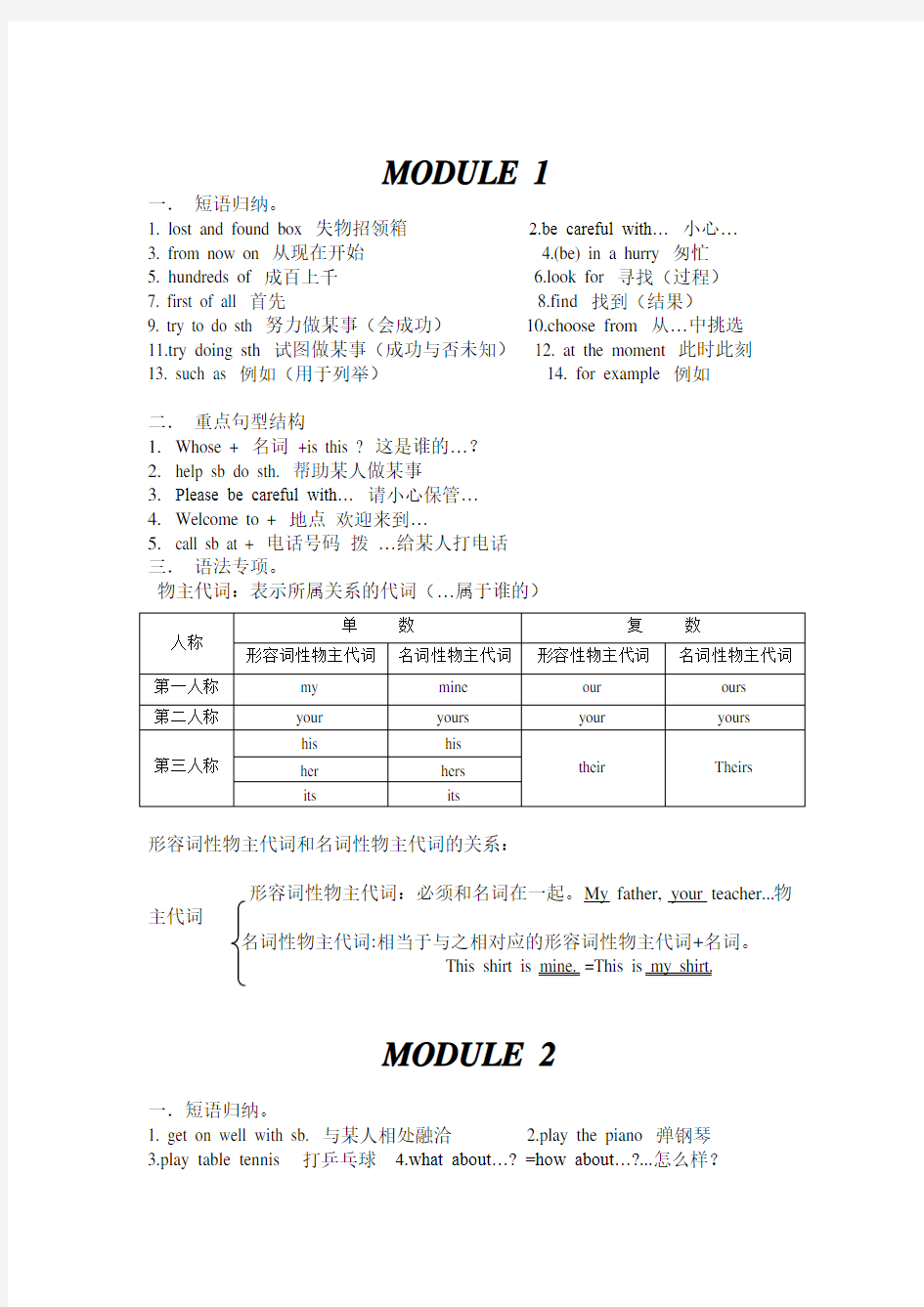 外研版七年级英语下册期末复习资料全