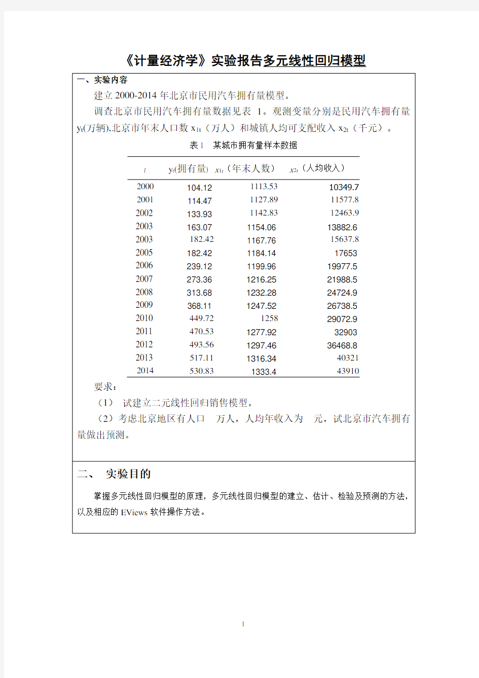 《计量经济学》eviews实验报告多元线性回归模型