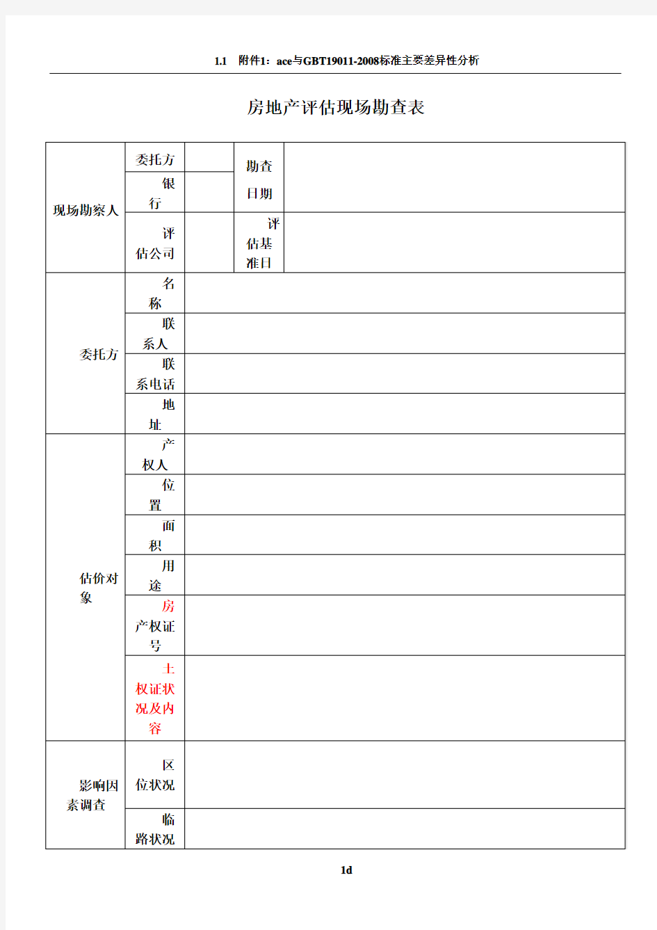 房产评估现场勘查表