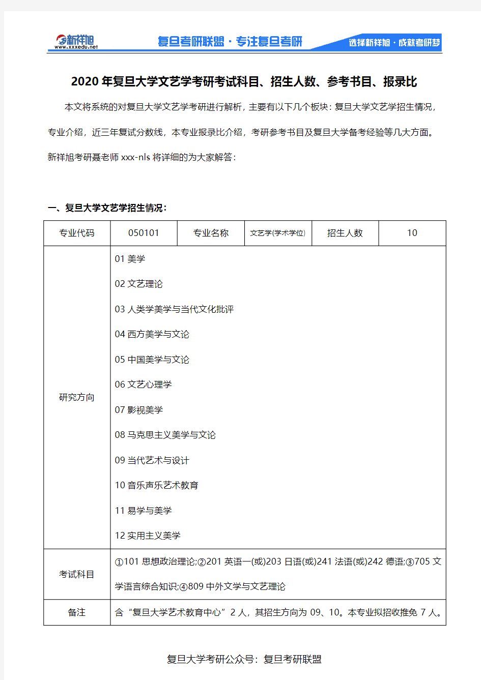 2020年复旦大学文艺学考研考试科目、招生人数、参考书目、报录比