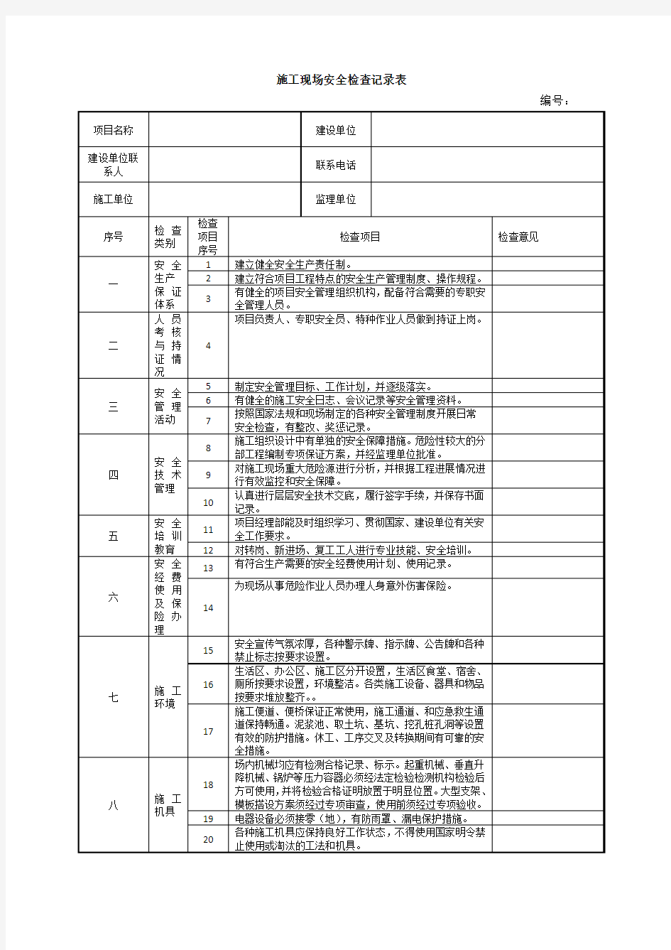 (完整版)施工安全检查记录表