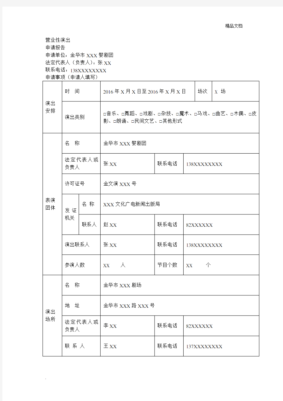 营业性演出申请报告