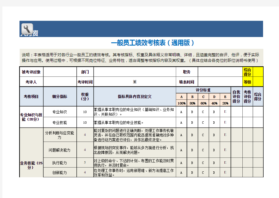 一般员工绩效考核表模板(通用版)