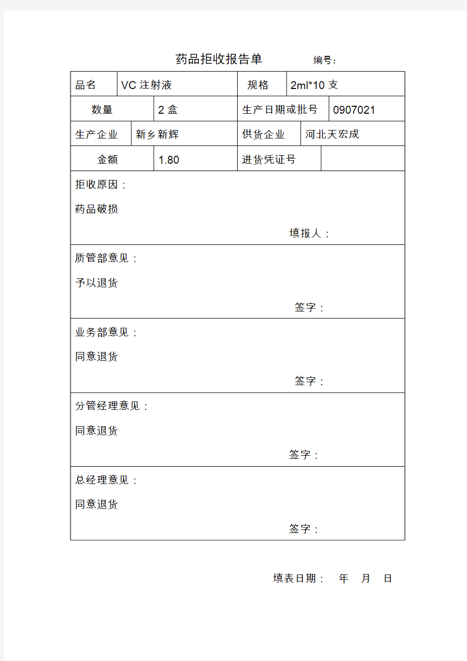 药品拒收报告单剖析