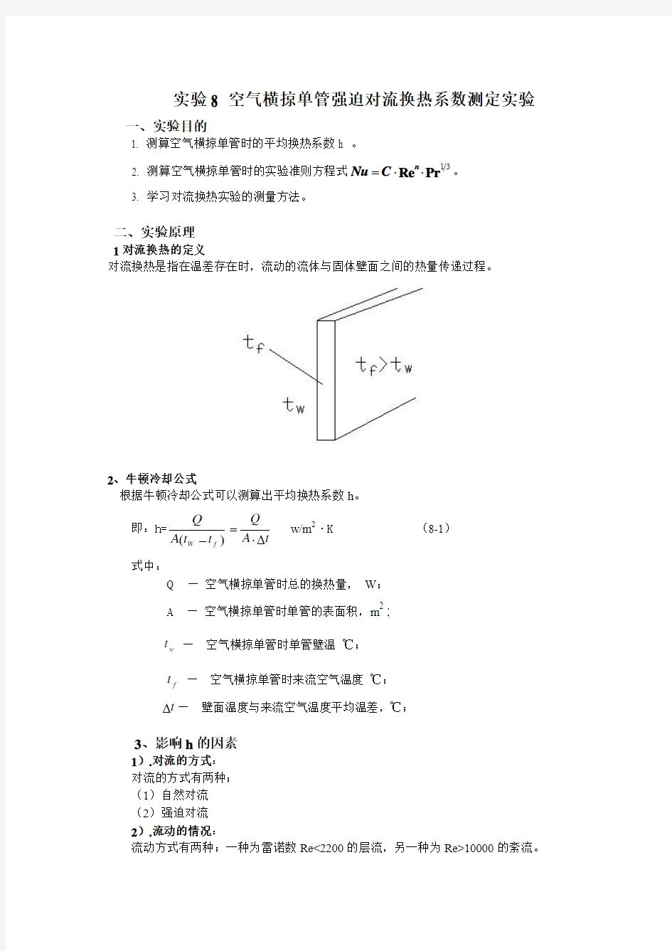 实验8 空气横掠单管强迫对流换热系数测定实验