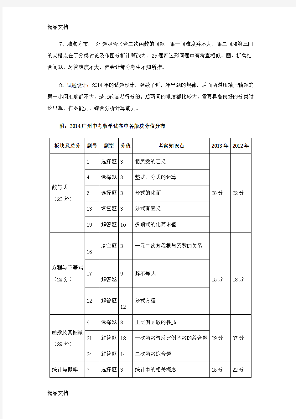 最新广州中考数学分析剖析
