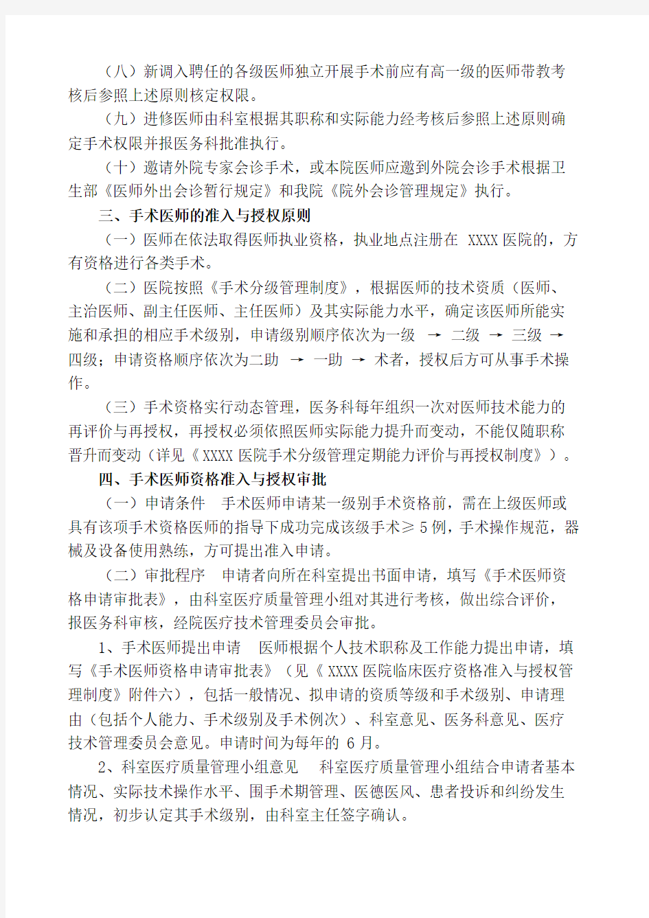 XXXX医院手术医师资格分级授权管理制度