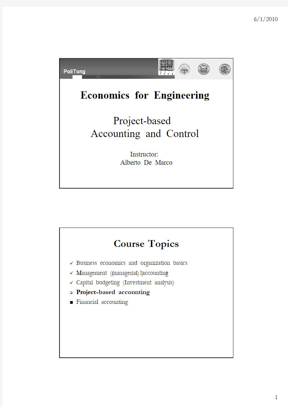 【都灵理工大学】工程经济学05-Econ_ProjectAcc&Control