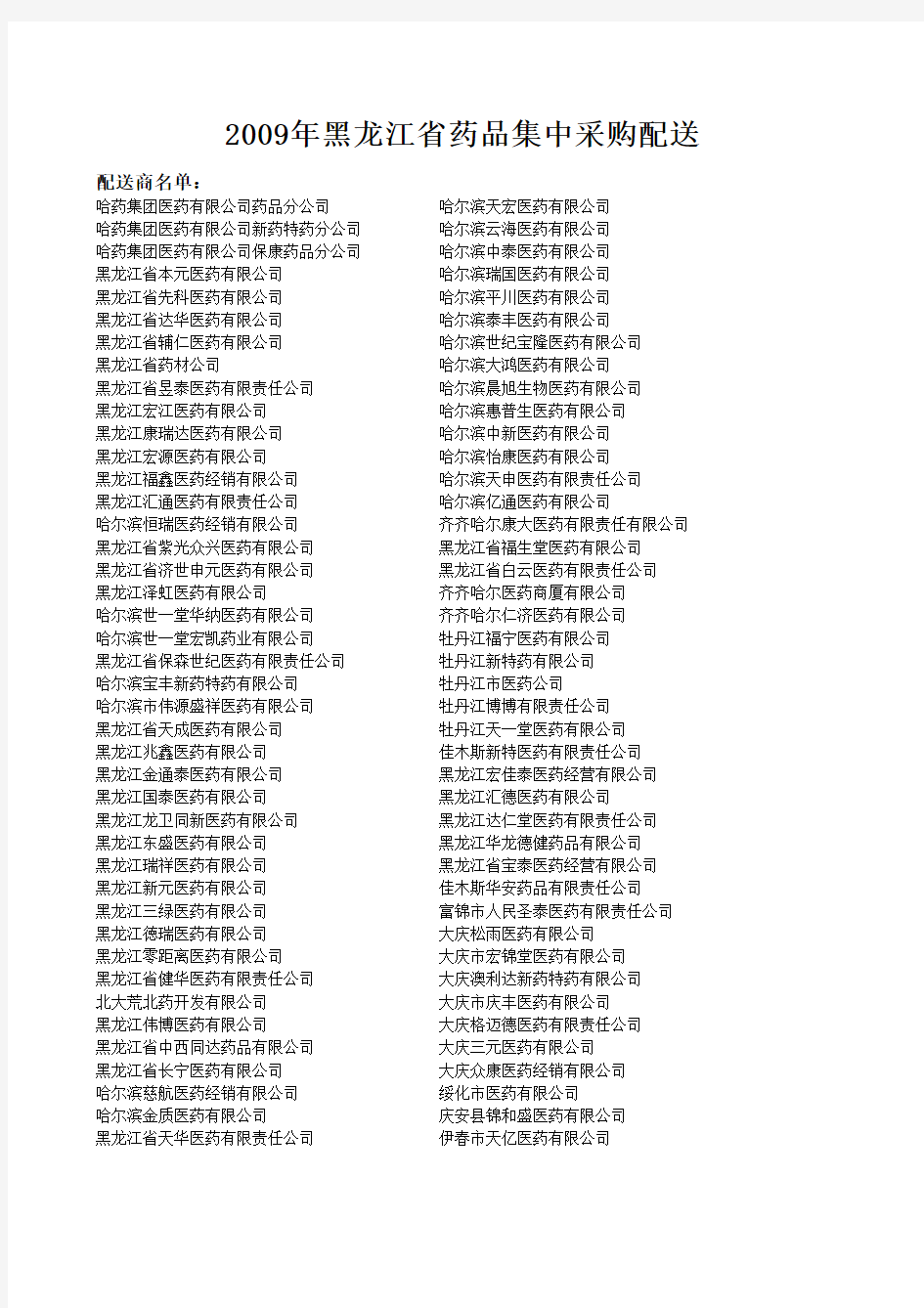 黑龙江配送企业名单