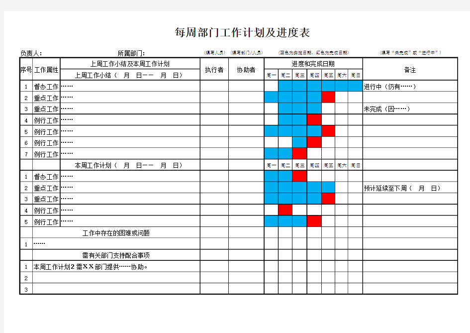 每周部门工作计划及进度表