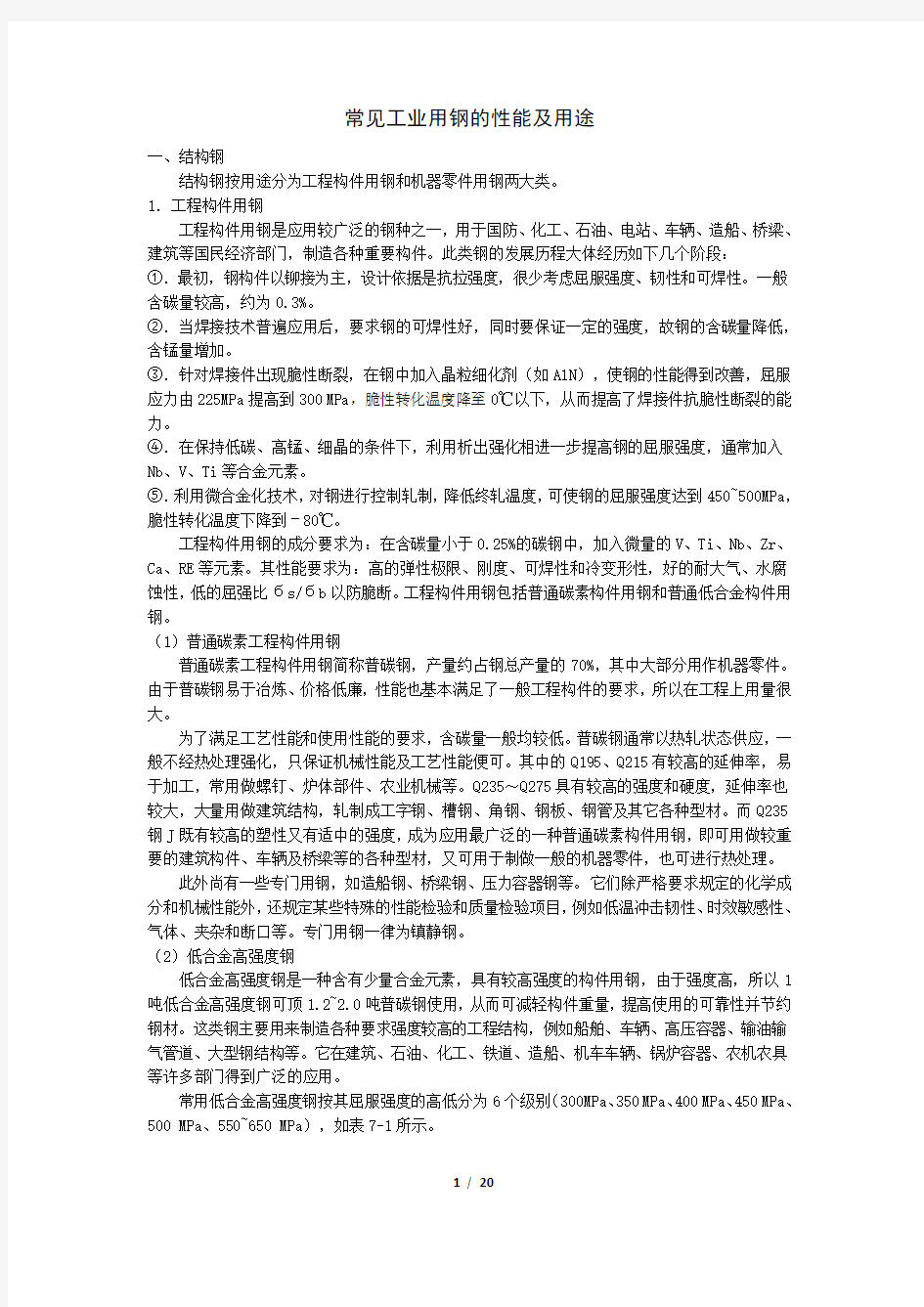 常见工业用钢的性能及用途